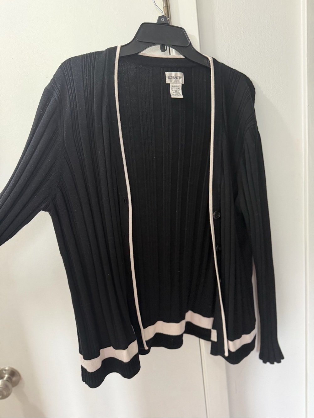 Liz Baker Black Ribbed Cardigan with Cream Trim